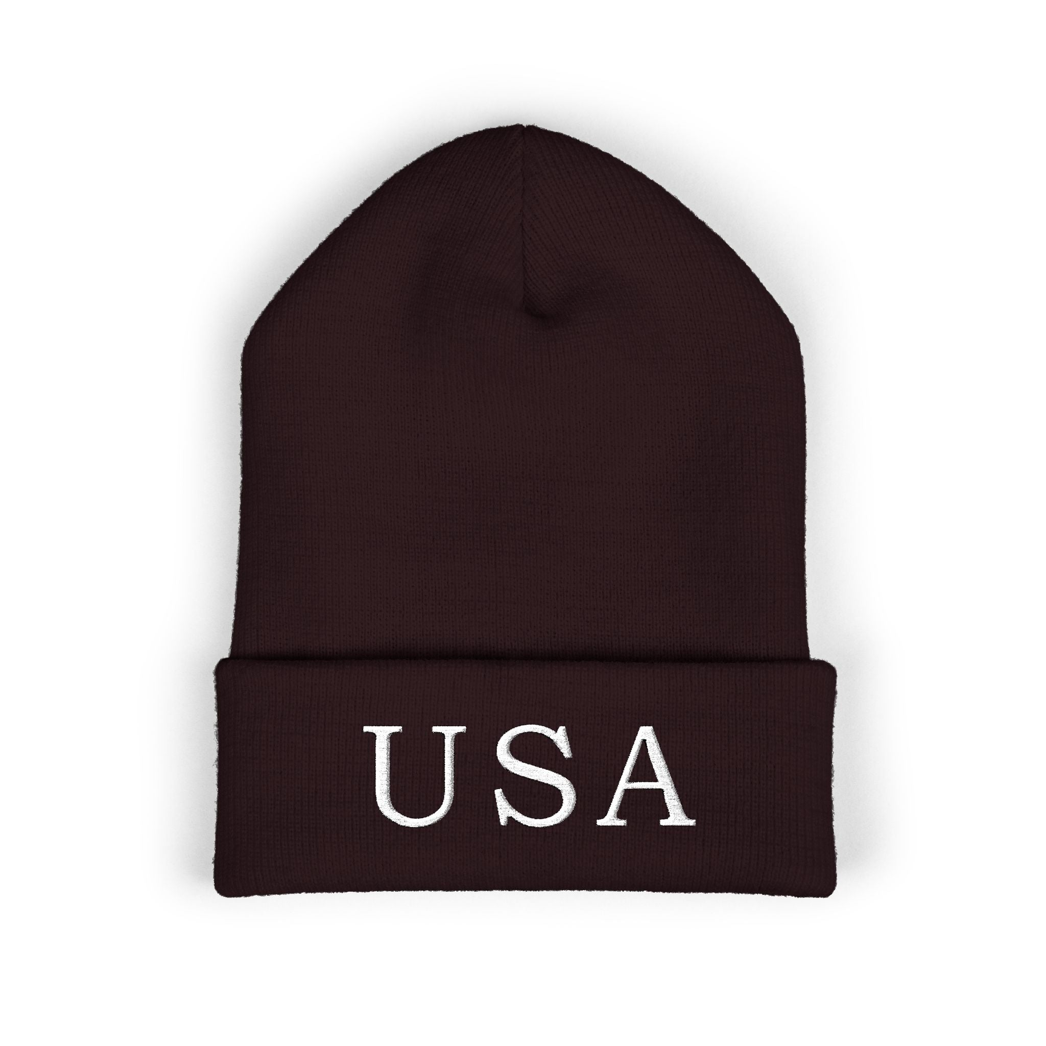 USA Embroidered Dark Color Cuffed Beanie — Patriotic Knit Hat