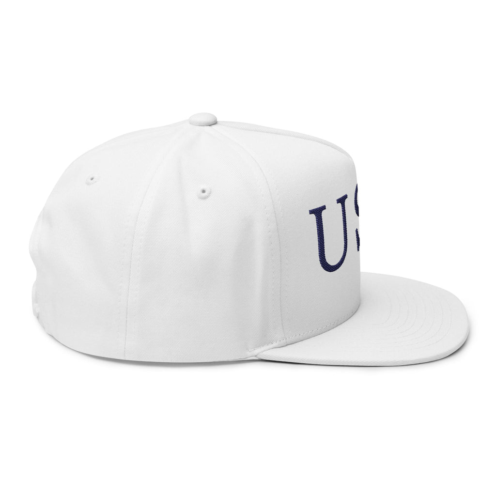 USA Embroidered Flat Bill Cap — Patriotic Snapback Hat with Flag Accent