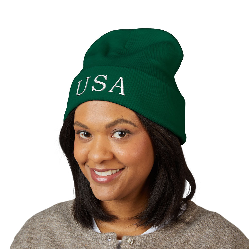 USA Embroidered Dark Color Cuffed Beanie — Patriotic Knit Hat