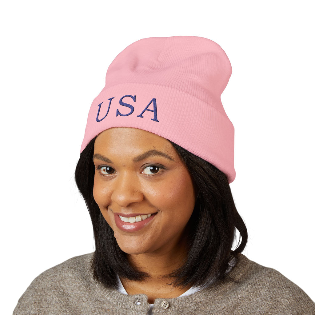 USA Embroidered Light Color Beanie - Classic Cuffed Knit Winter Hat