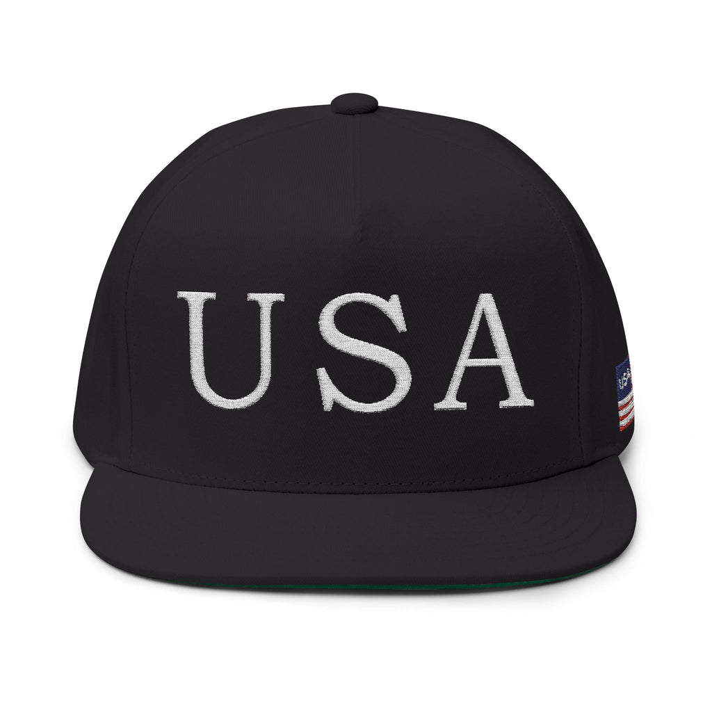 USA Embroidered Dark Color Flat Bill Cap — Patriotic Snapback Hat for 4th of July & Everyday Wear