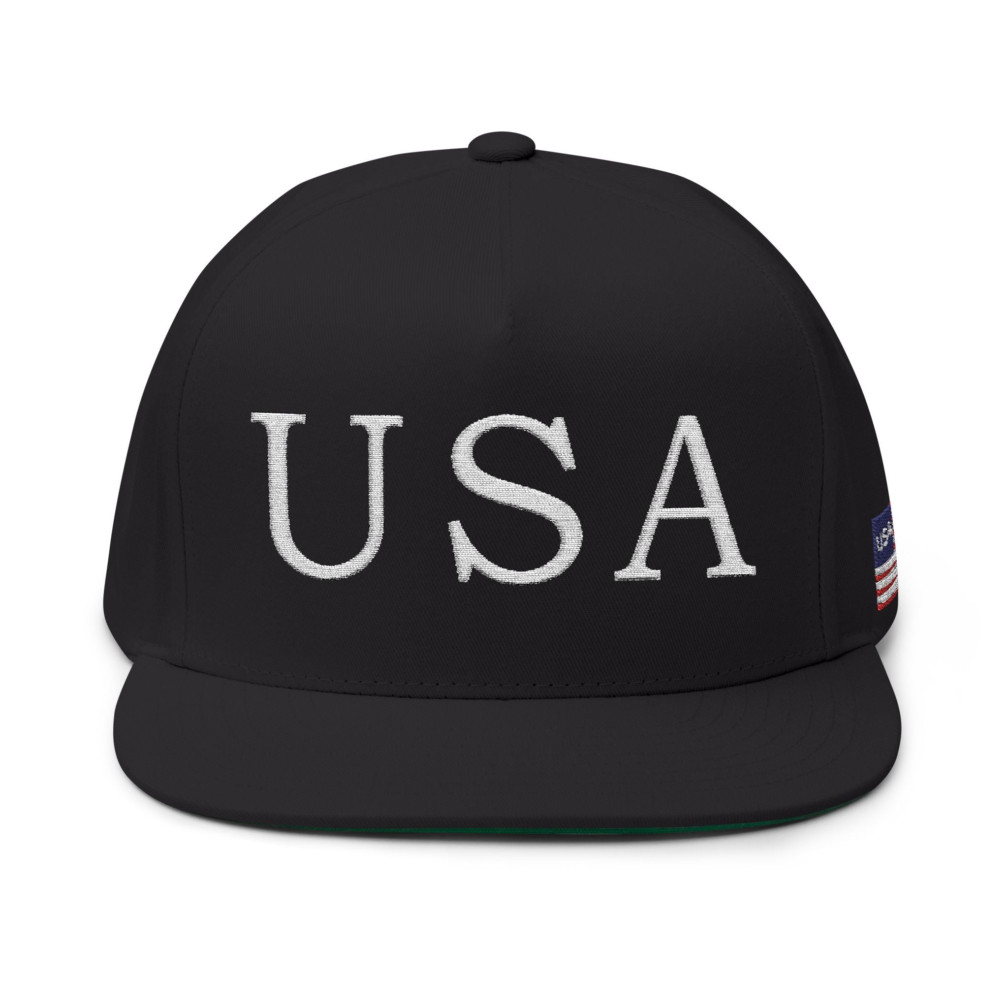 USA Embroidered Dark Color Flat Bill Cap — Patriotic Snapback Hat for 4th of July & Everyday Wear