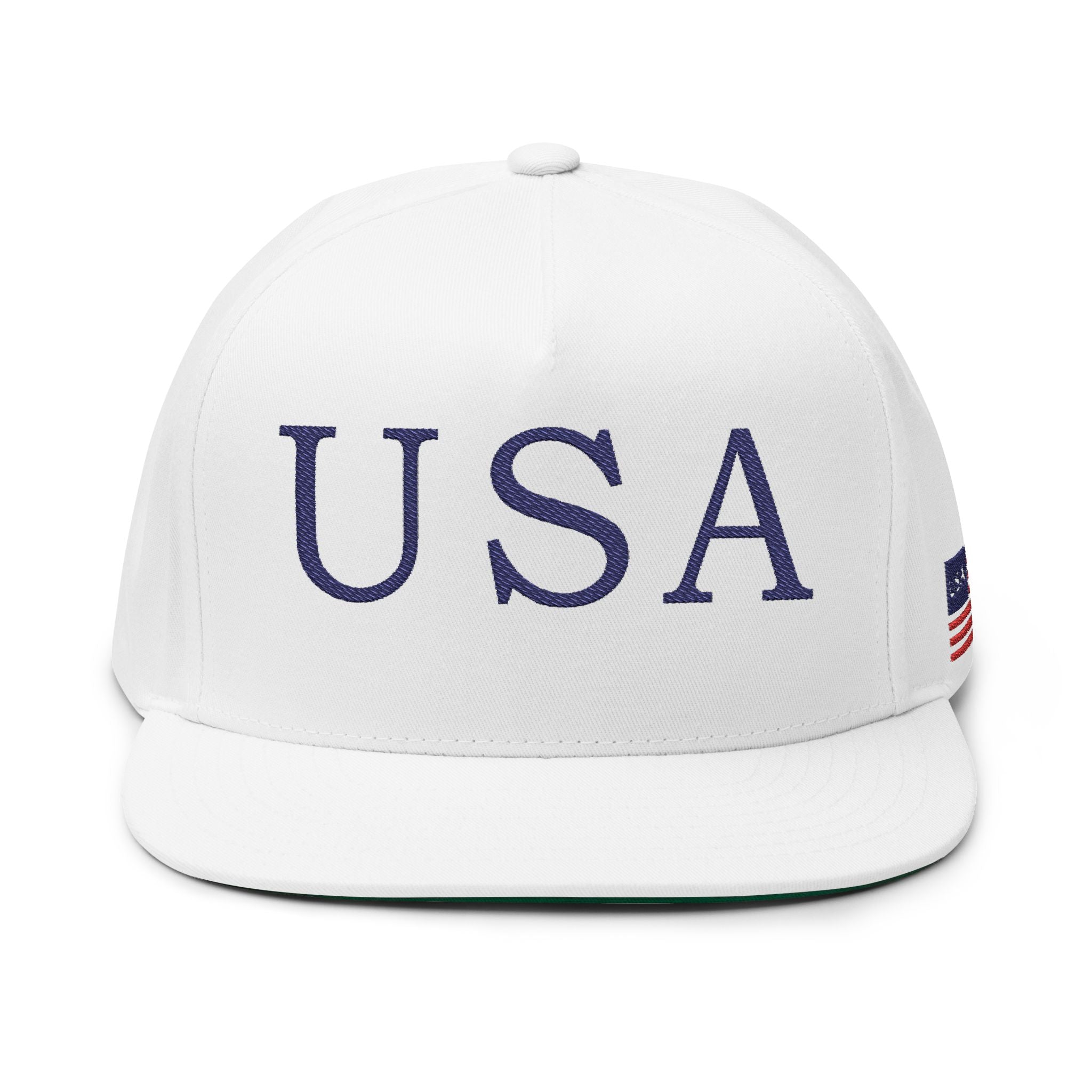 USA Embroidered Flat Bill Cap — Patriotic Snapback Hat with Flag Accent