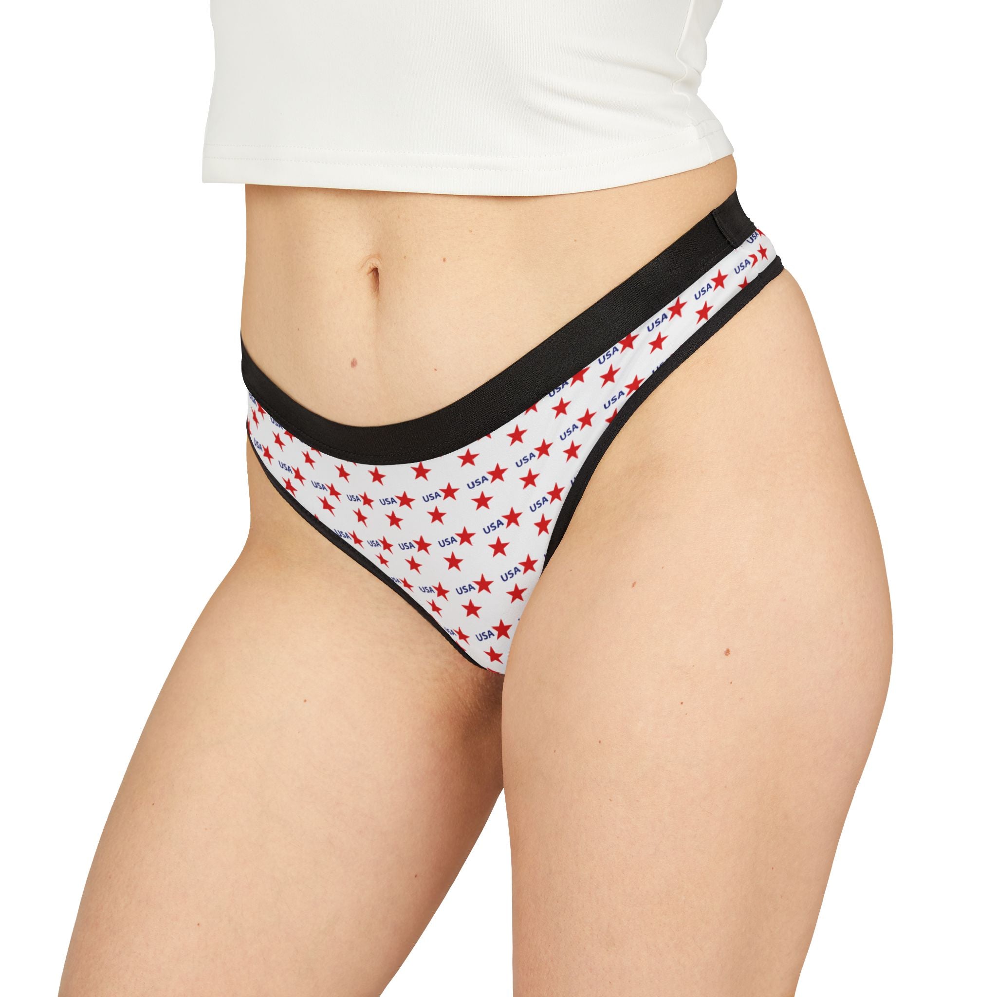 USA Star Print Women's Thong - Patriotic Red & Blue Cotton Blend