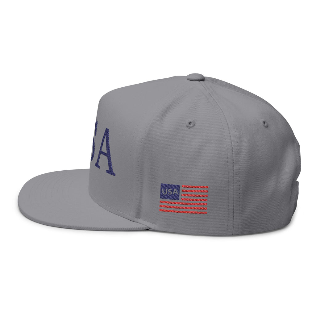 USA Embroidered Flat Bill Cap — Patriotic Snapback Hat with Flag Accent