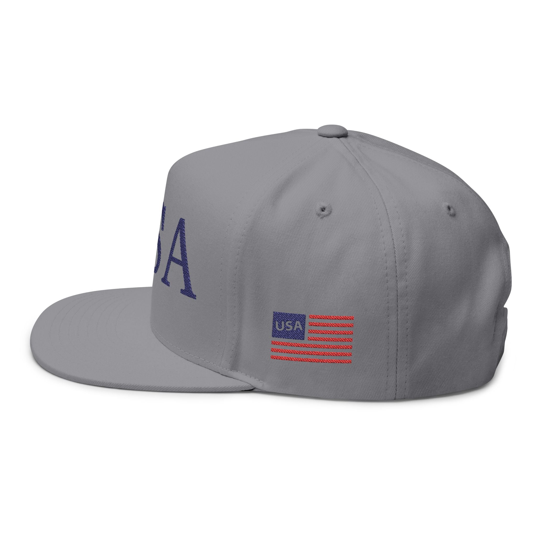 USA Embroidered Flat Bill Cap — Patriotic Snapback Hat with Flag Accent