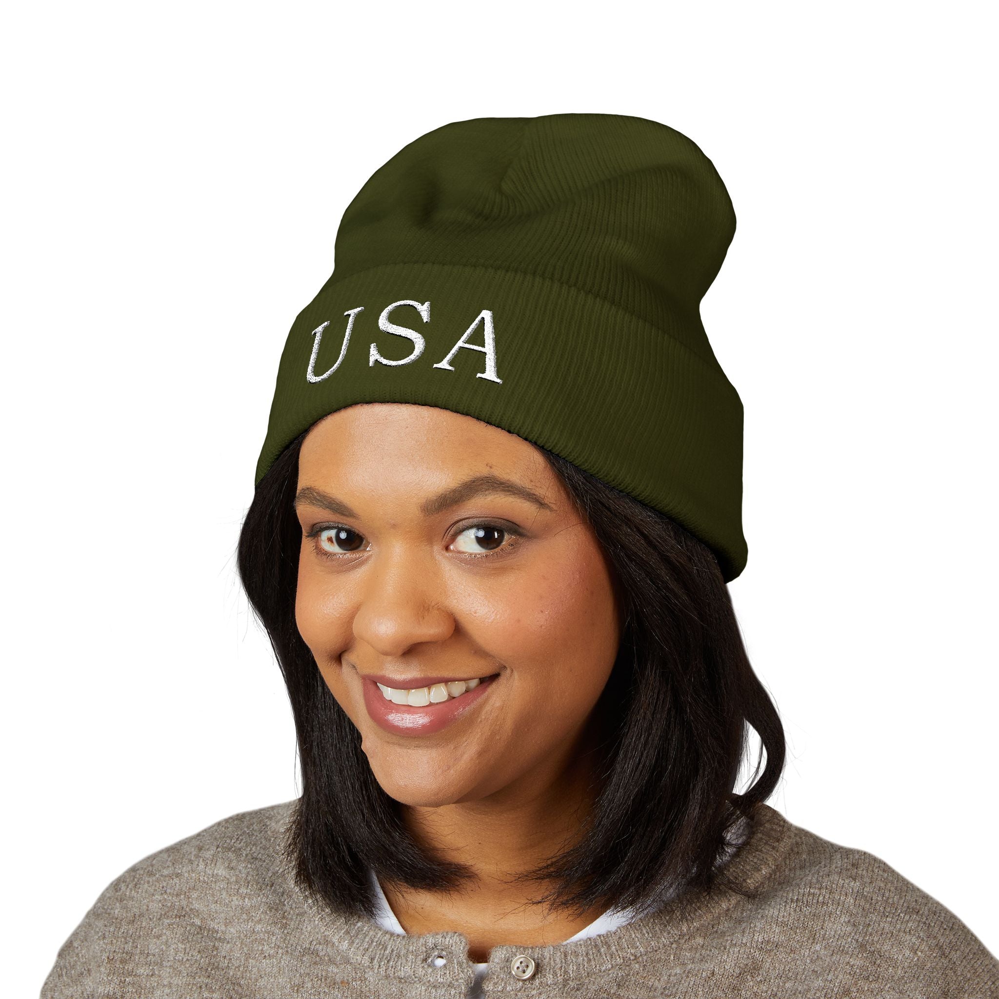 USA Embroidered Dark Color Cuffed Beanie — Patriotic Knit Hat