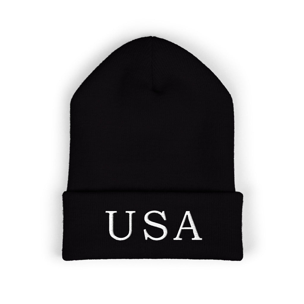 USA Embroidered Dark Color Cuffed Beanie — Patriotic Knit Hat