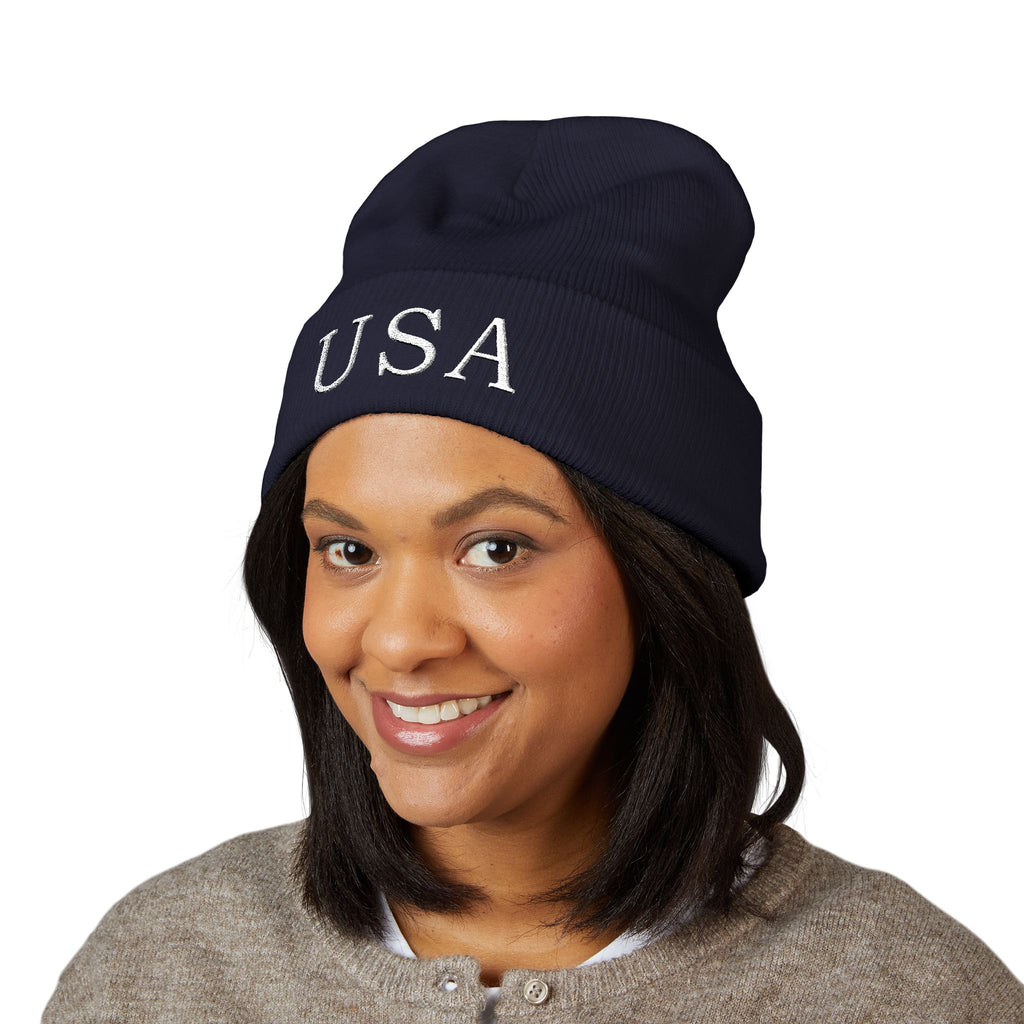 USA Embroidered Dark Color Cuffed Beanie — Patriotic Knit Hat