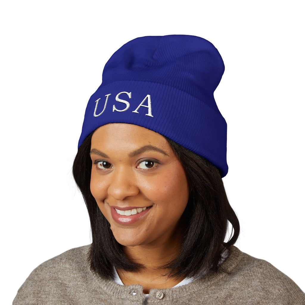 USA Embroidered Dark Color Cuffed Beanie — Patriotic Knit Hat