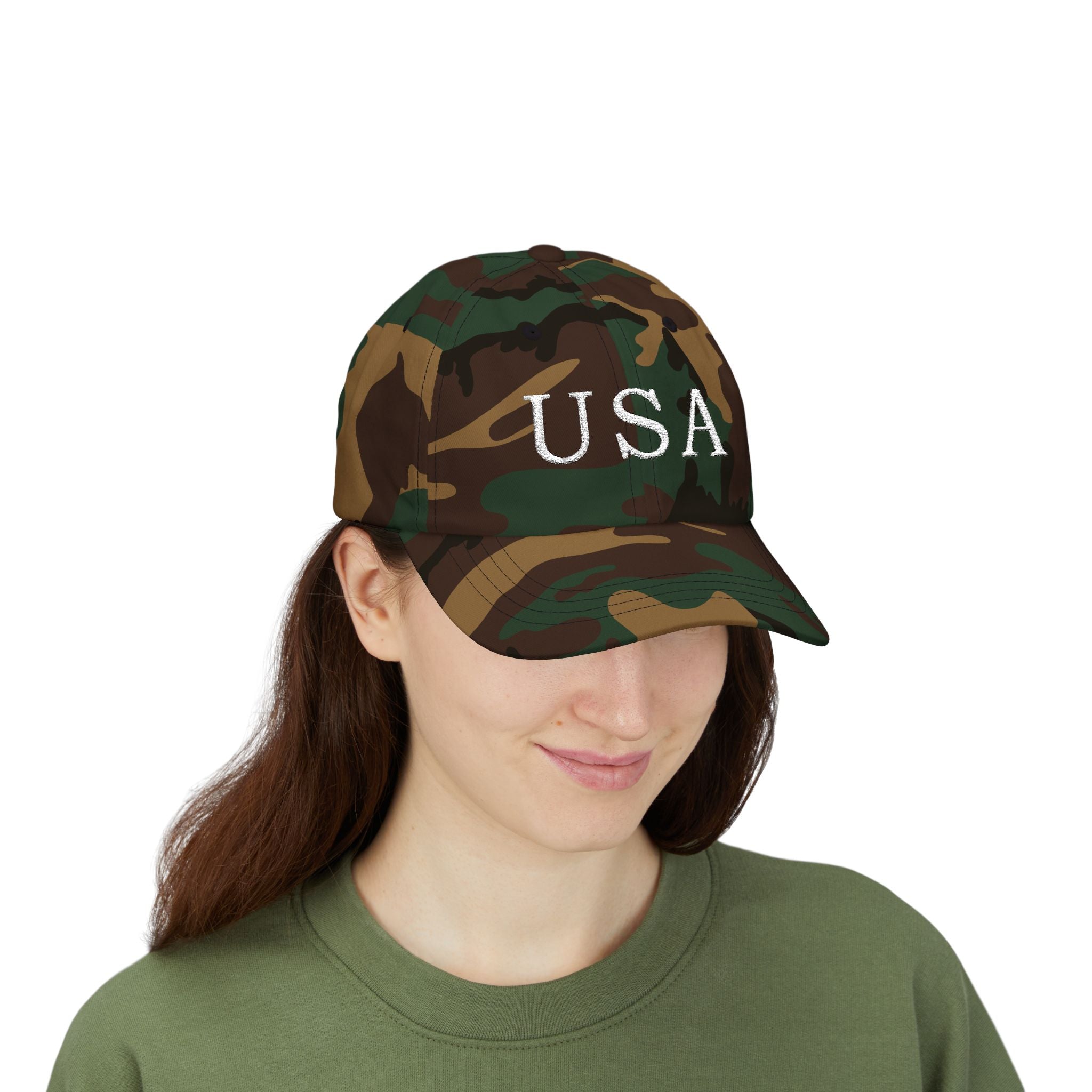 USA Dark Colors Dad Cap - Military Camouflage Baseball Hat with USA Embroidered Text