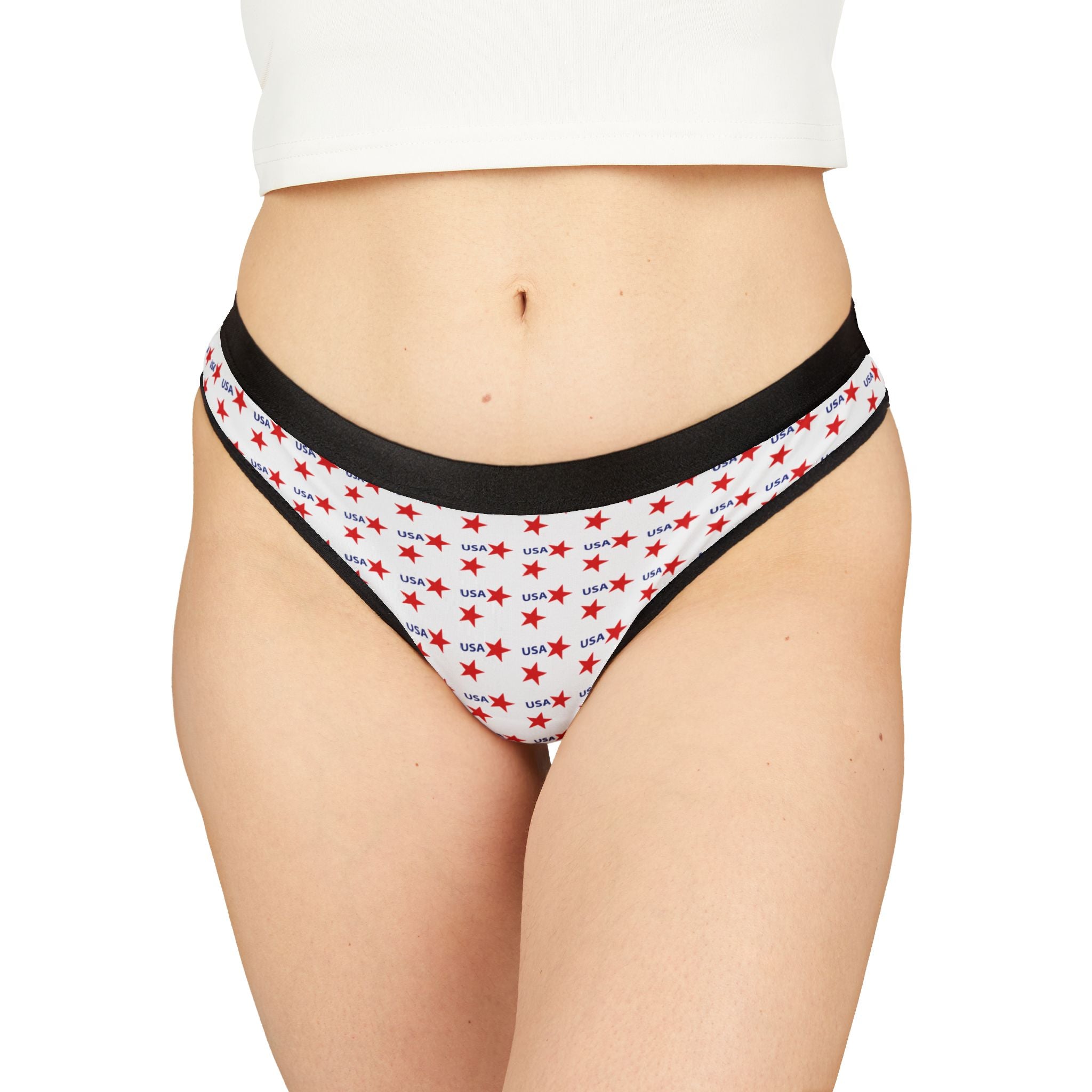 USA Star Print Women's Thong - Patriotic Red & Blue Cotton Blend