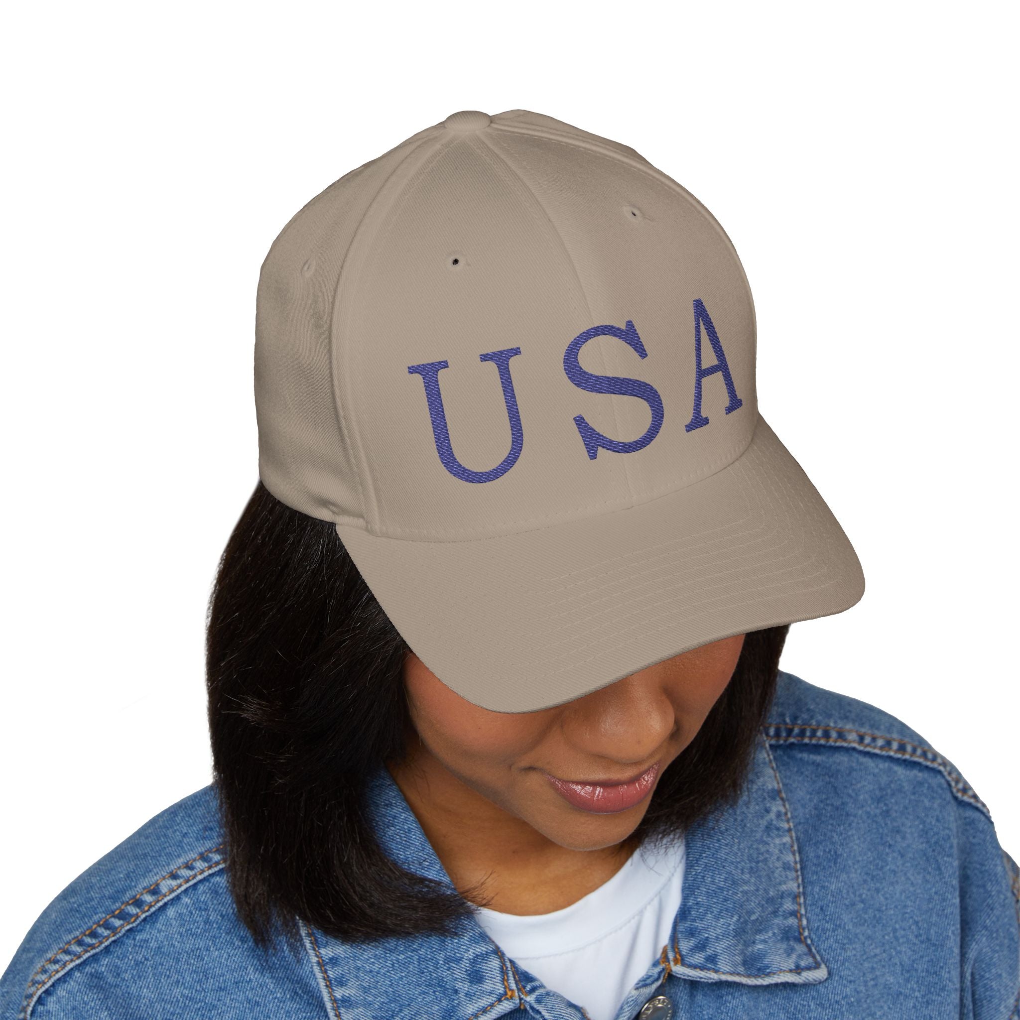 USA Embroidered Light Color Fitted Cap — Classic Patriotic White Hat