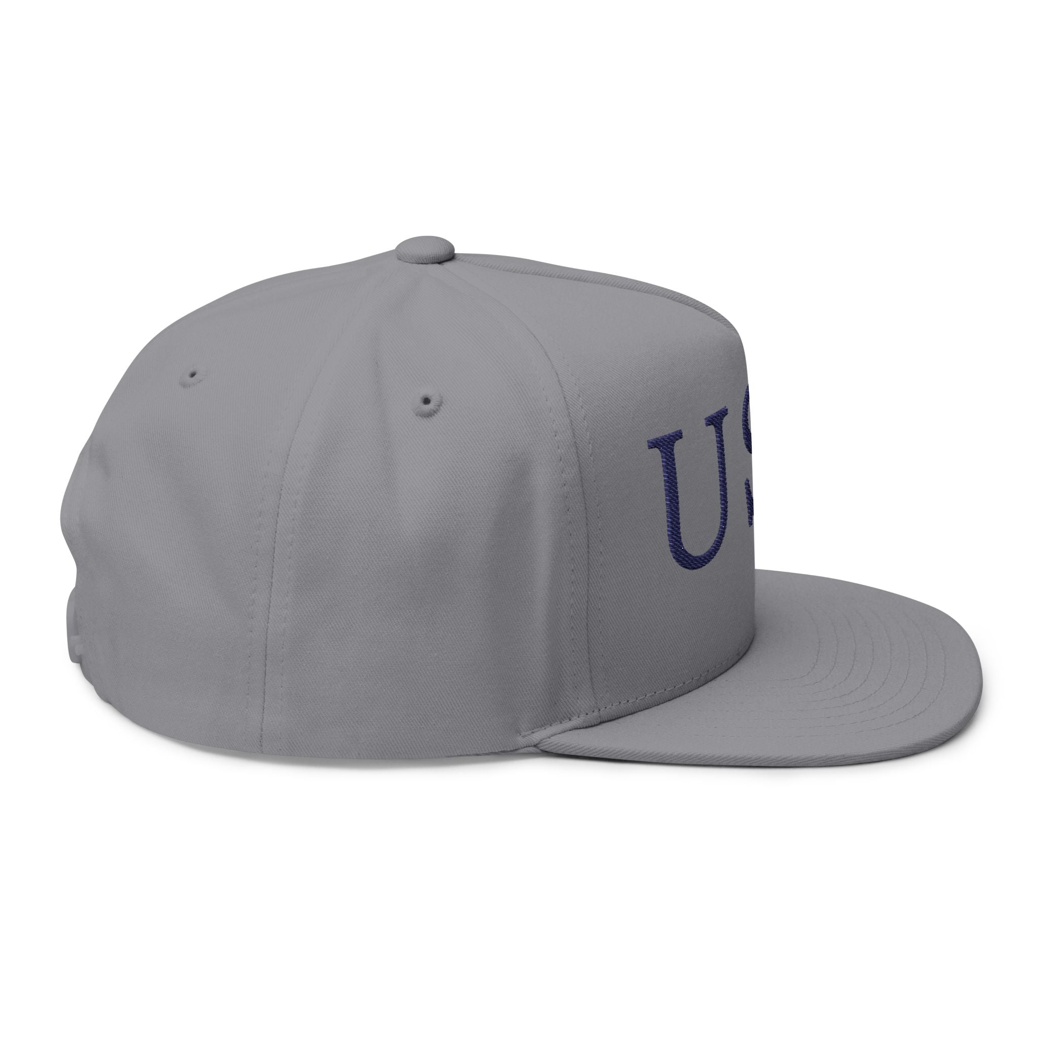 USA Embroidered Flat Bill Cap — Patriotic Snapback Hat with Flag Accent