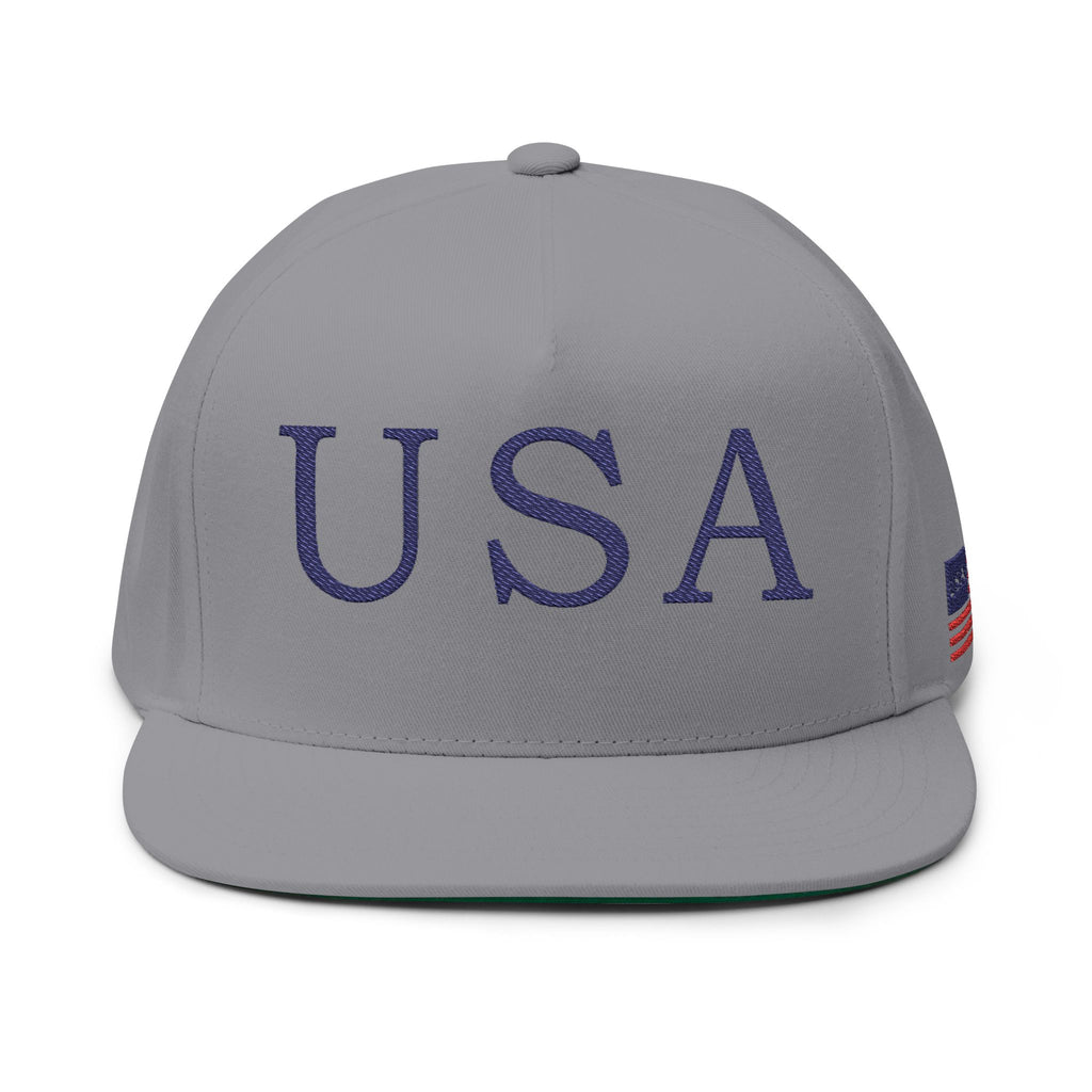 USA Embroidered Flat Bill Cap — Patriotic Snapback Hat with Flag Accent
