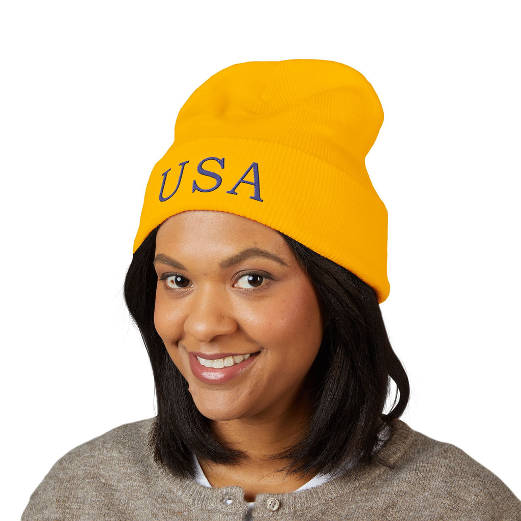 USA Embroidered Light Color Beanie - Classic Cuffed Knit Winter Hat