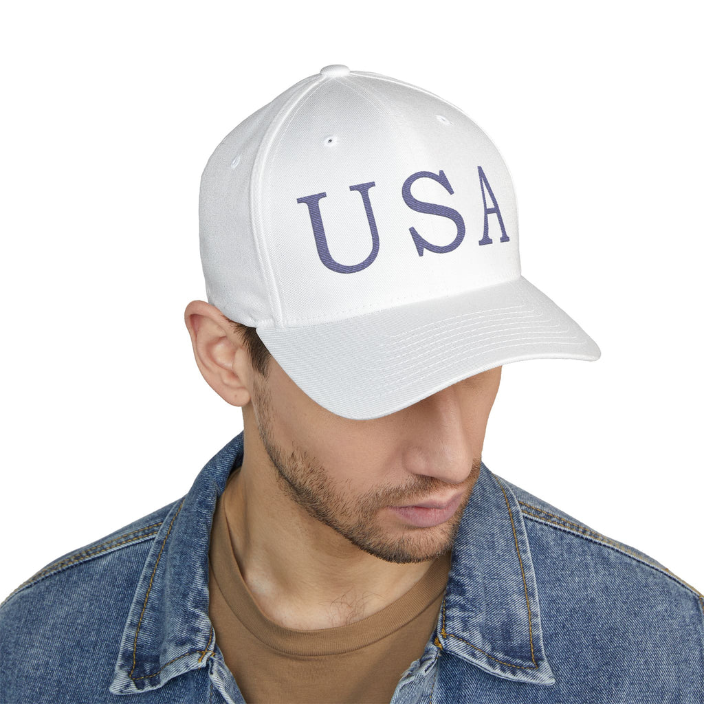 USA Embroidered Light Color Fitted Cap — Classic Patriotic White Hat