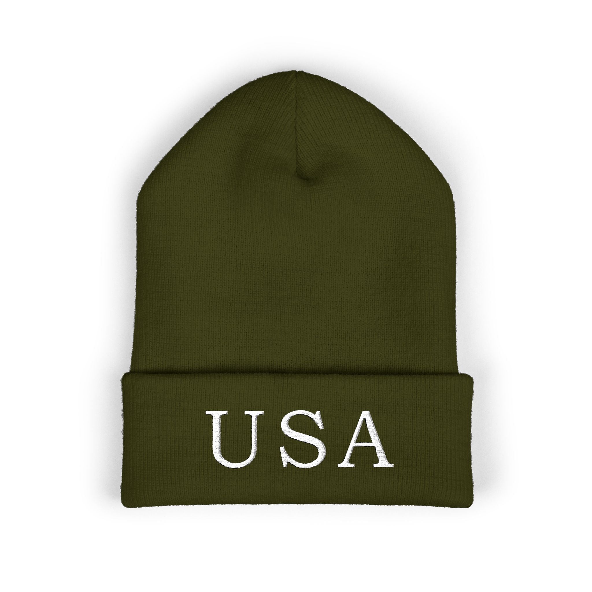 USA Embroidered Dark Color Cuffed Beanie — Patriotic Knit Hat