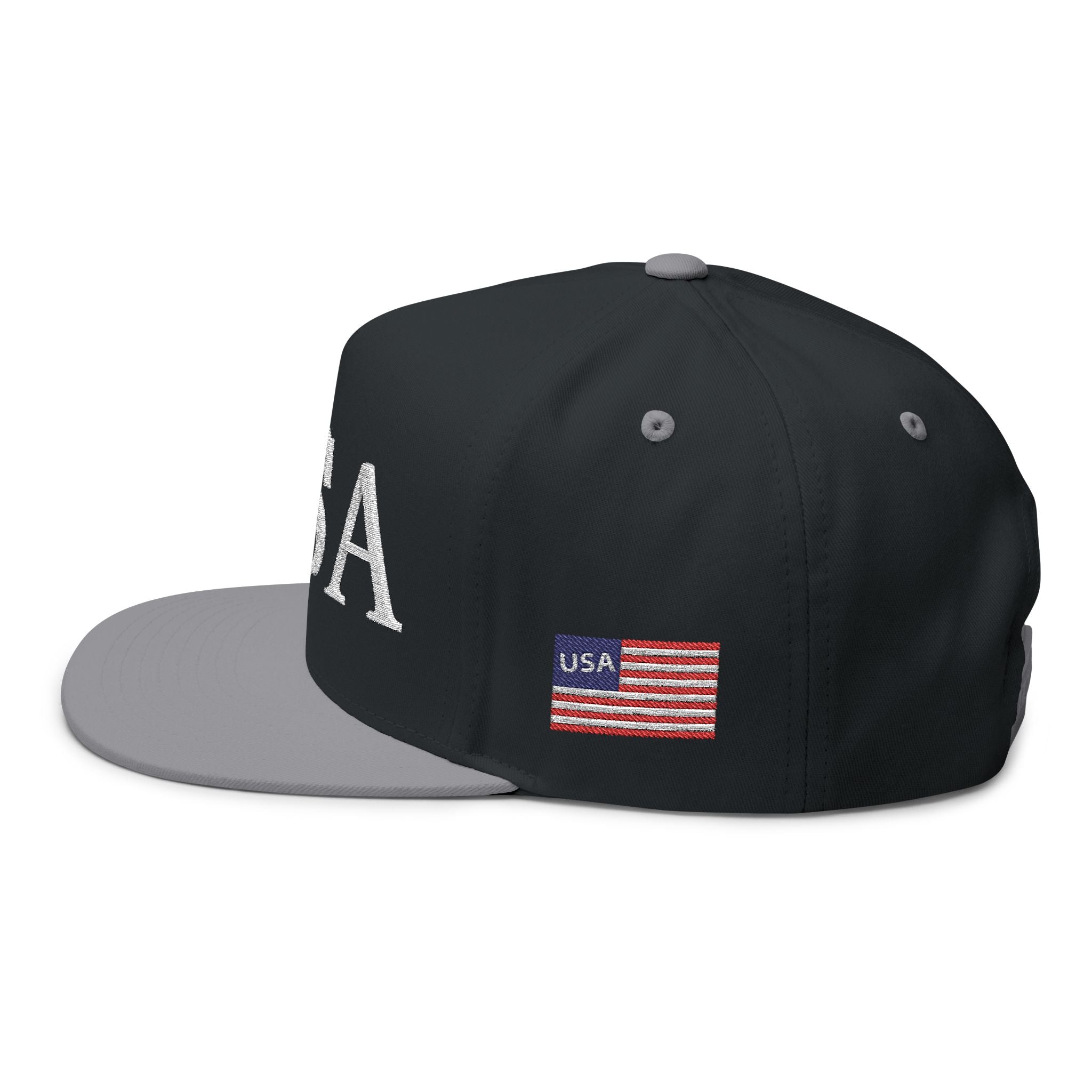 USA Embroidered Dark Color Flat Bill Cap — Patriotic Snapback Hat for 4th of July & Everyday Wear