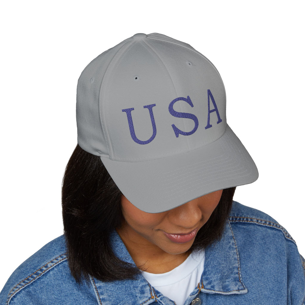 USA Embroidered Light Color Fitted Cap — Classic Patriotic White Hat
