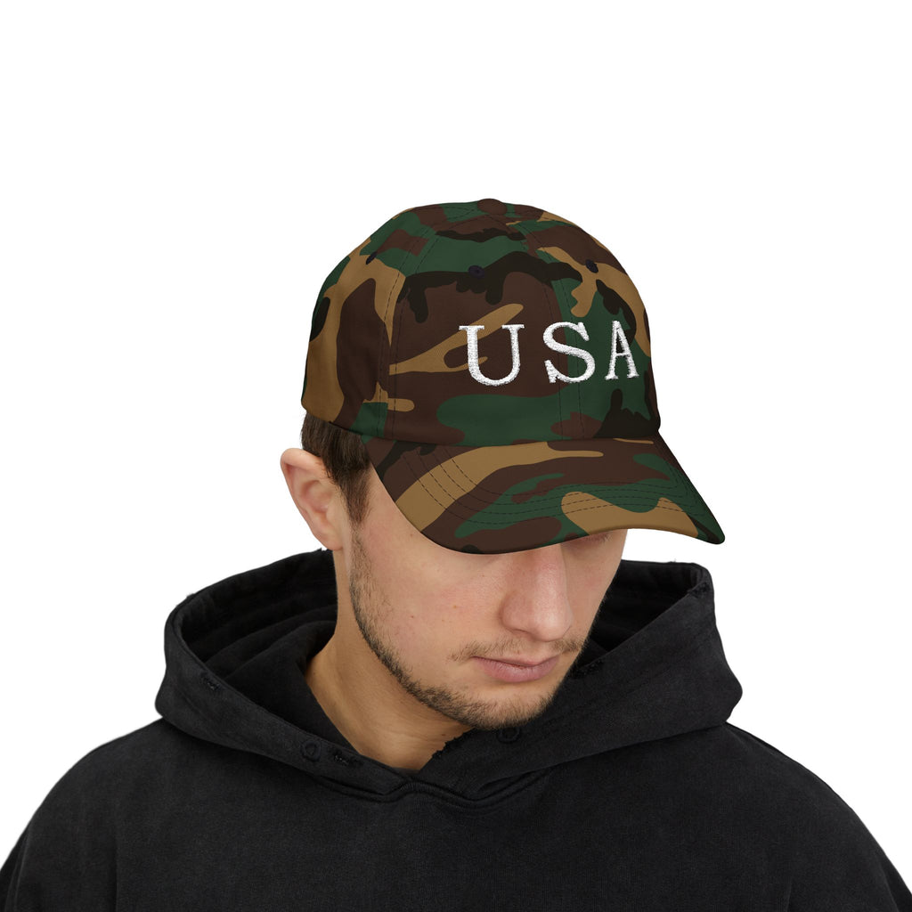 USA Dark Colors Dad Cap - Military Camouflage Baseball Hat with USA Embroidered Text