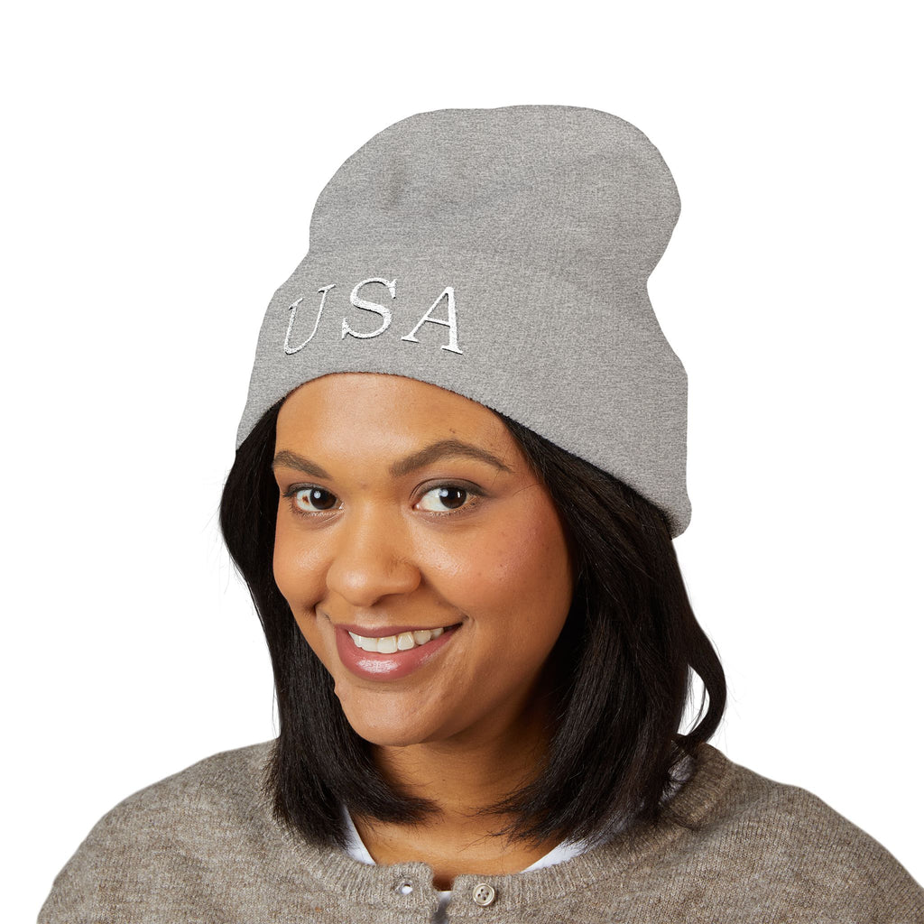 USA Embroidered Dark Color Cuffed Beanie — Patriotic Knit Hat