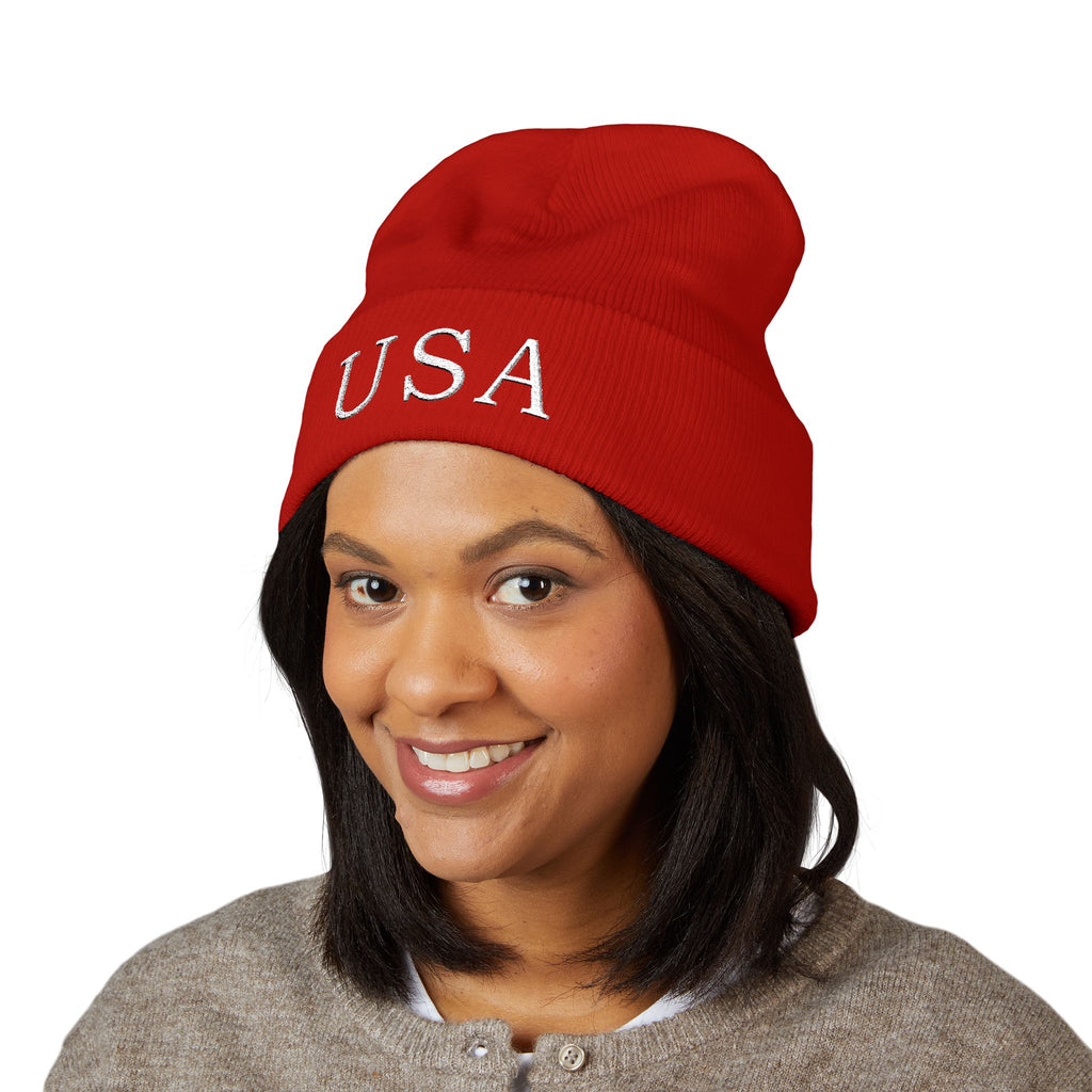 USA Embroidered Dark Color Cuffed Beanie — Patriotic Knit Hat