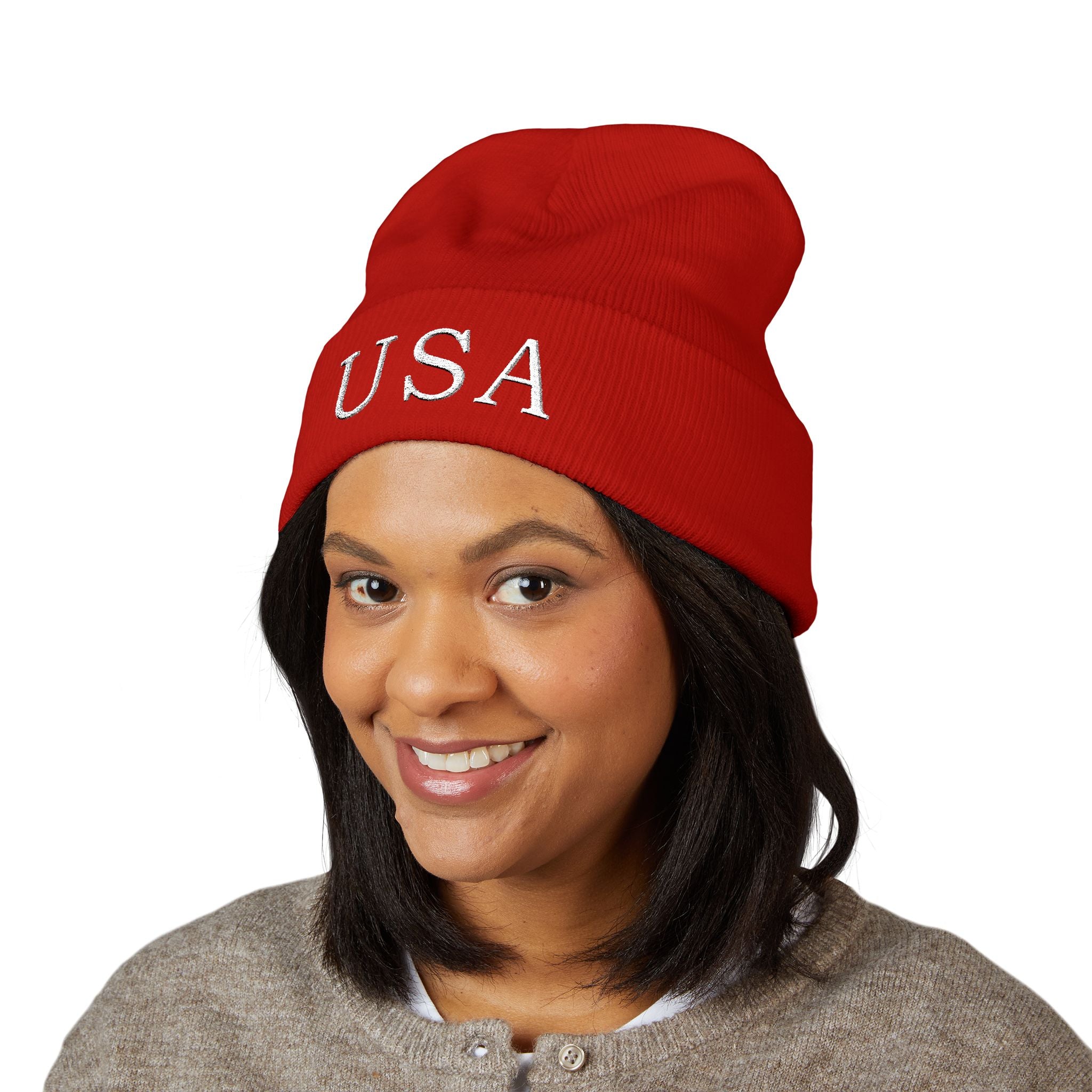 USA Embroidered Dark Color Cuffed Beanie — Patriotic Knit Hat