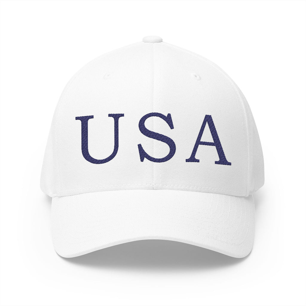 USA Embroidered Light Color Fitted Cap — Classic Patriotic White Hat