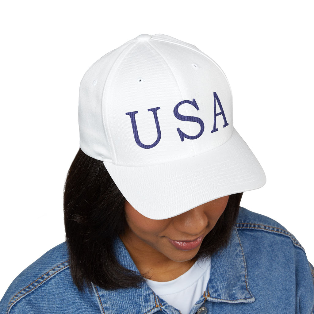 USA Embroidered Light Color Fitted Cap — Classic Patriotic White Hat
