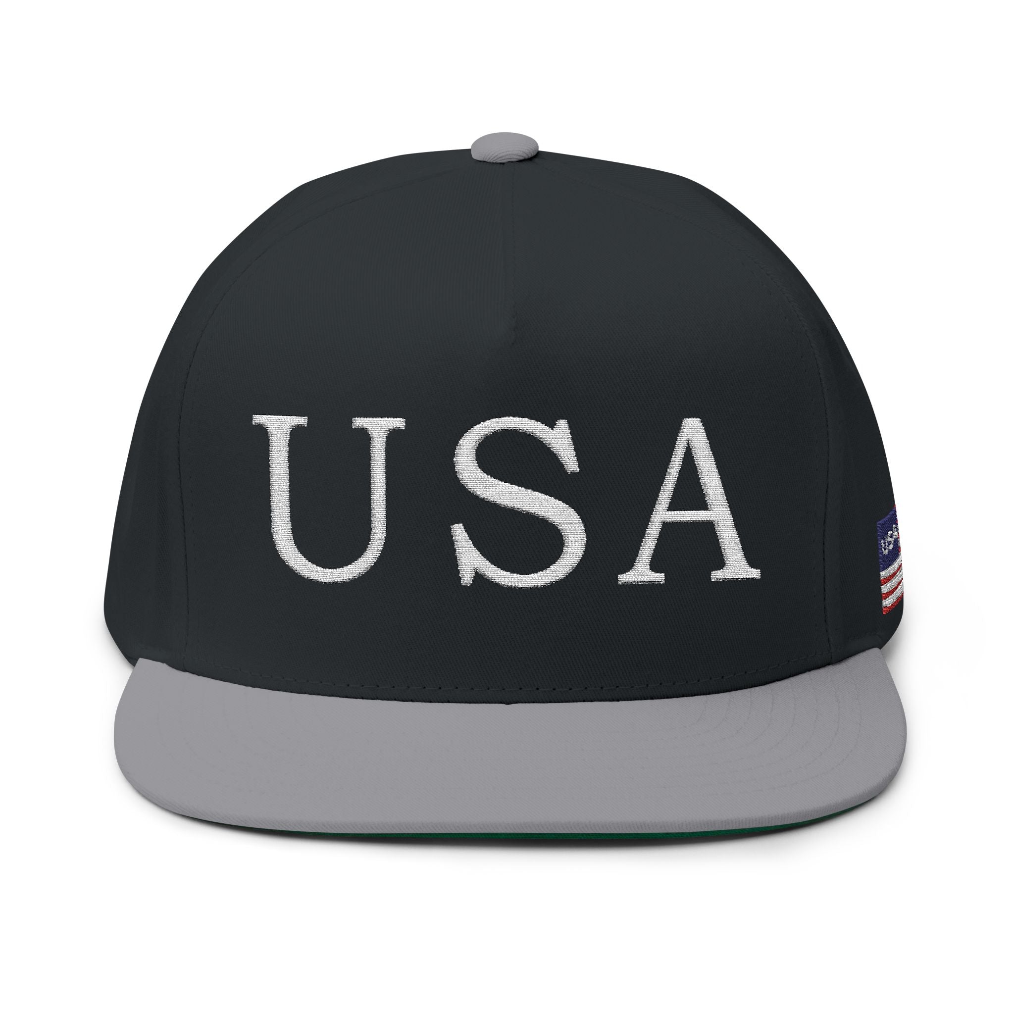 USA Embroidered Dark Color Flat Bill Cap — Patriotic Snapback Hat for 4th of July & Everyday Wear