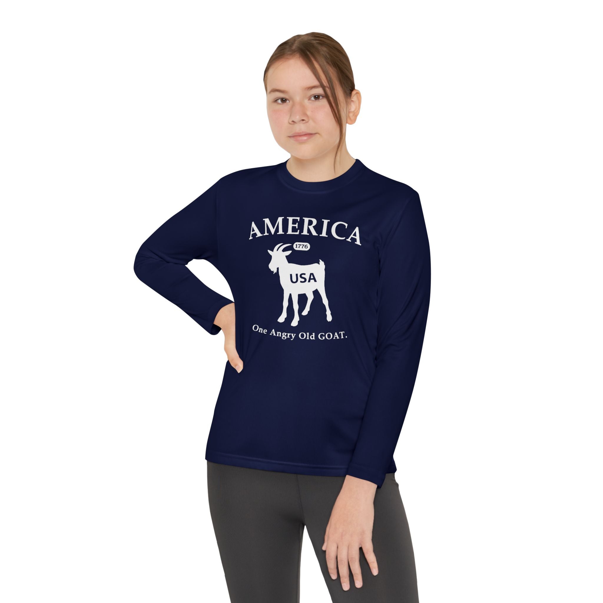 Youth Long Sleeve Tee — 'America USA 205th' Goat Graphic (One Angry Old GOAT)