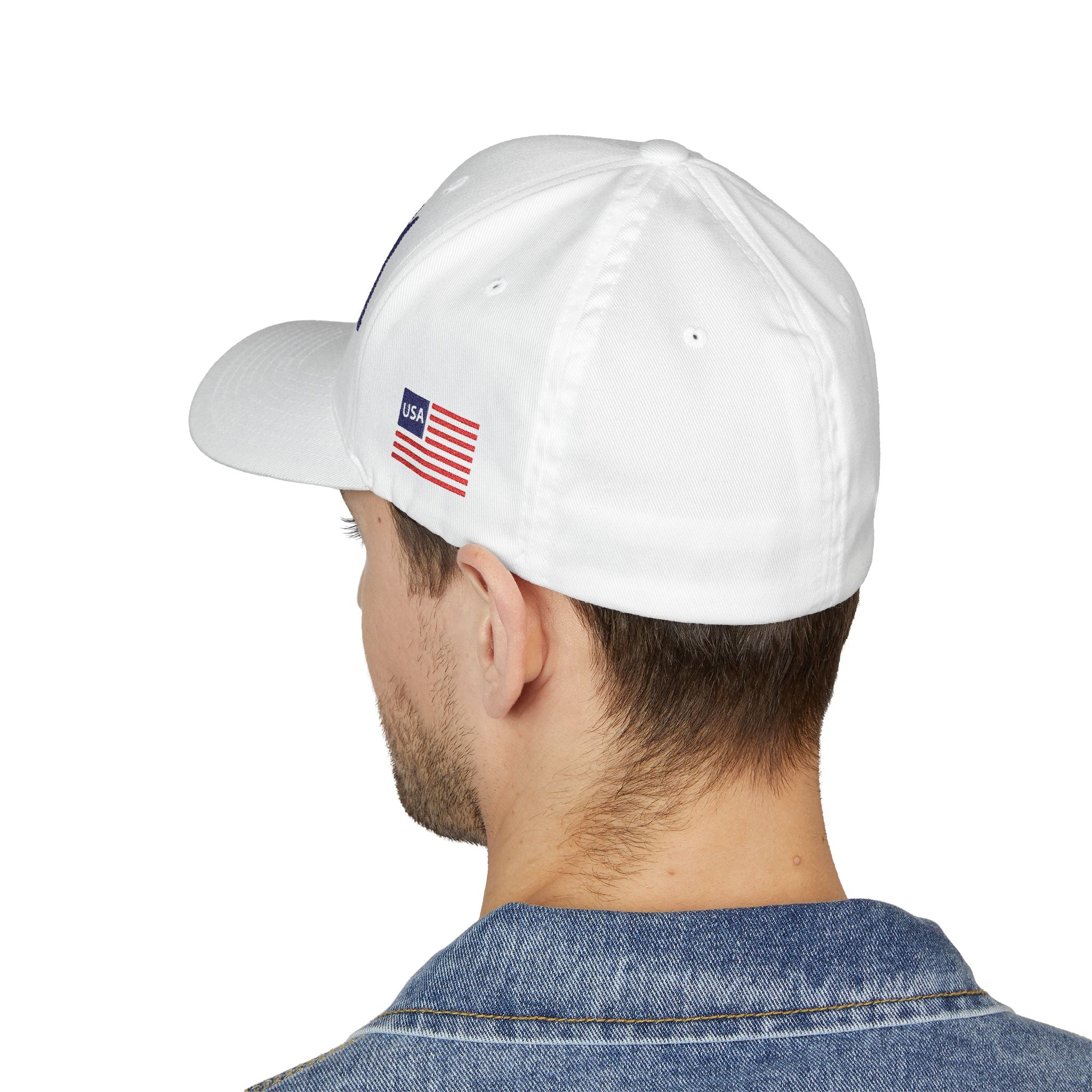 USA Embroidered Light Color Fitted Cap — Classic Patriotic White Hat