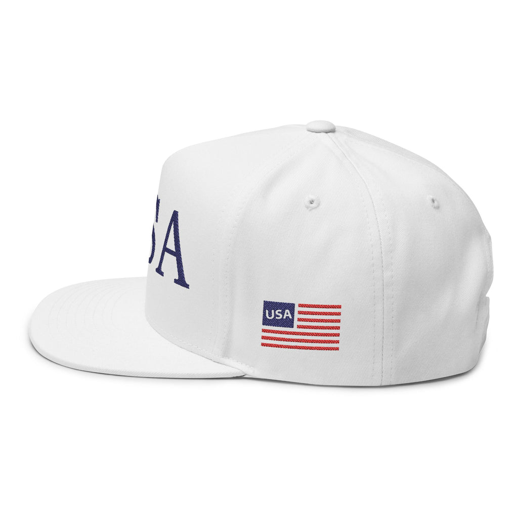 USA Embroidered Flat Bill Cap — Patriotic Snapback Hat with Flag Accent