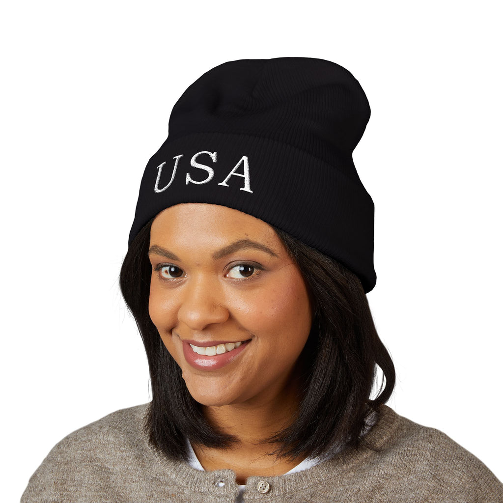 USA Embroidered Dark Color Cuffed Beanie — Patriotic Knit Hat