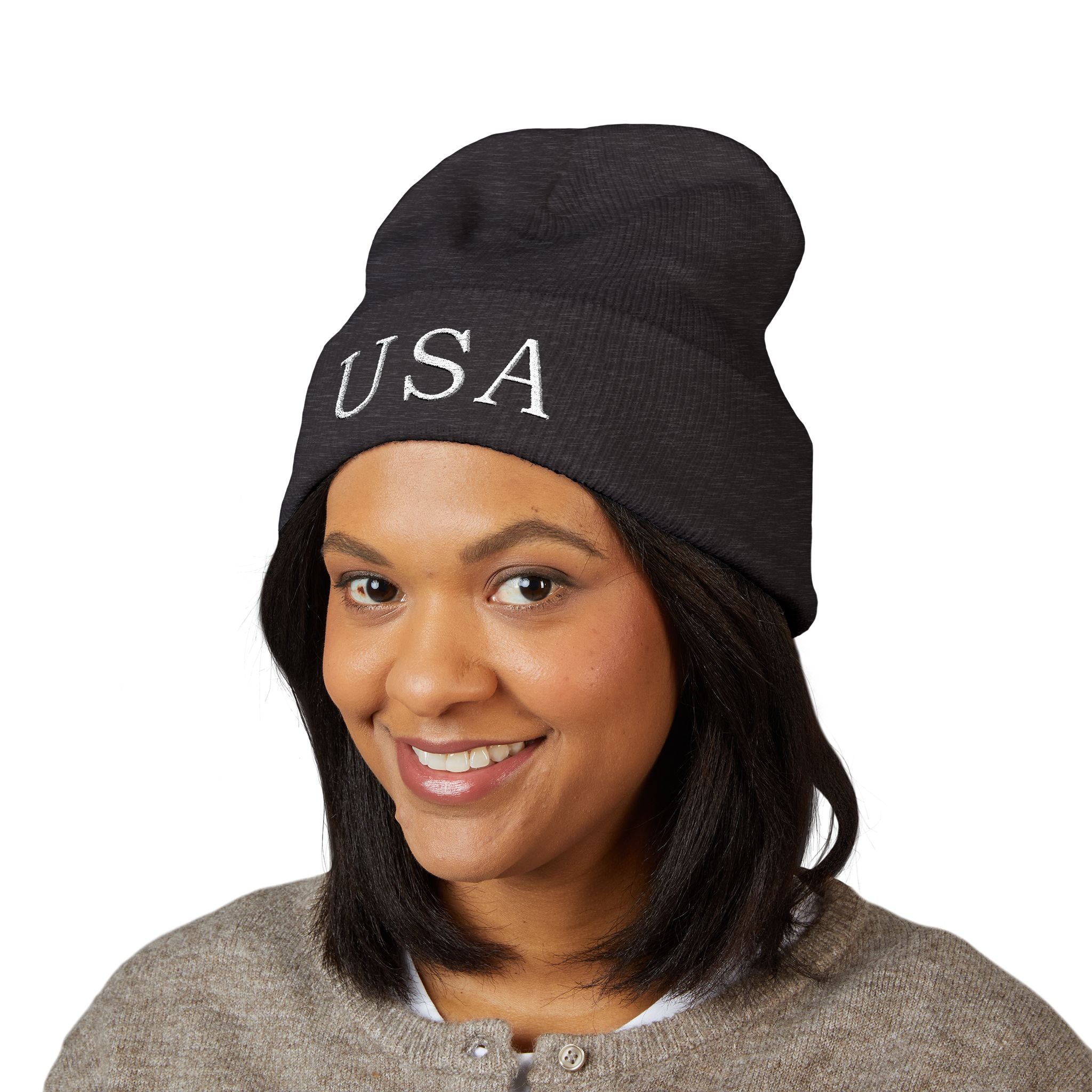 USA Embroidered Dark Color Cuffed Beanie — Patriotic Knit Hat