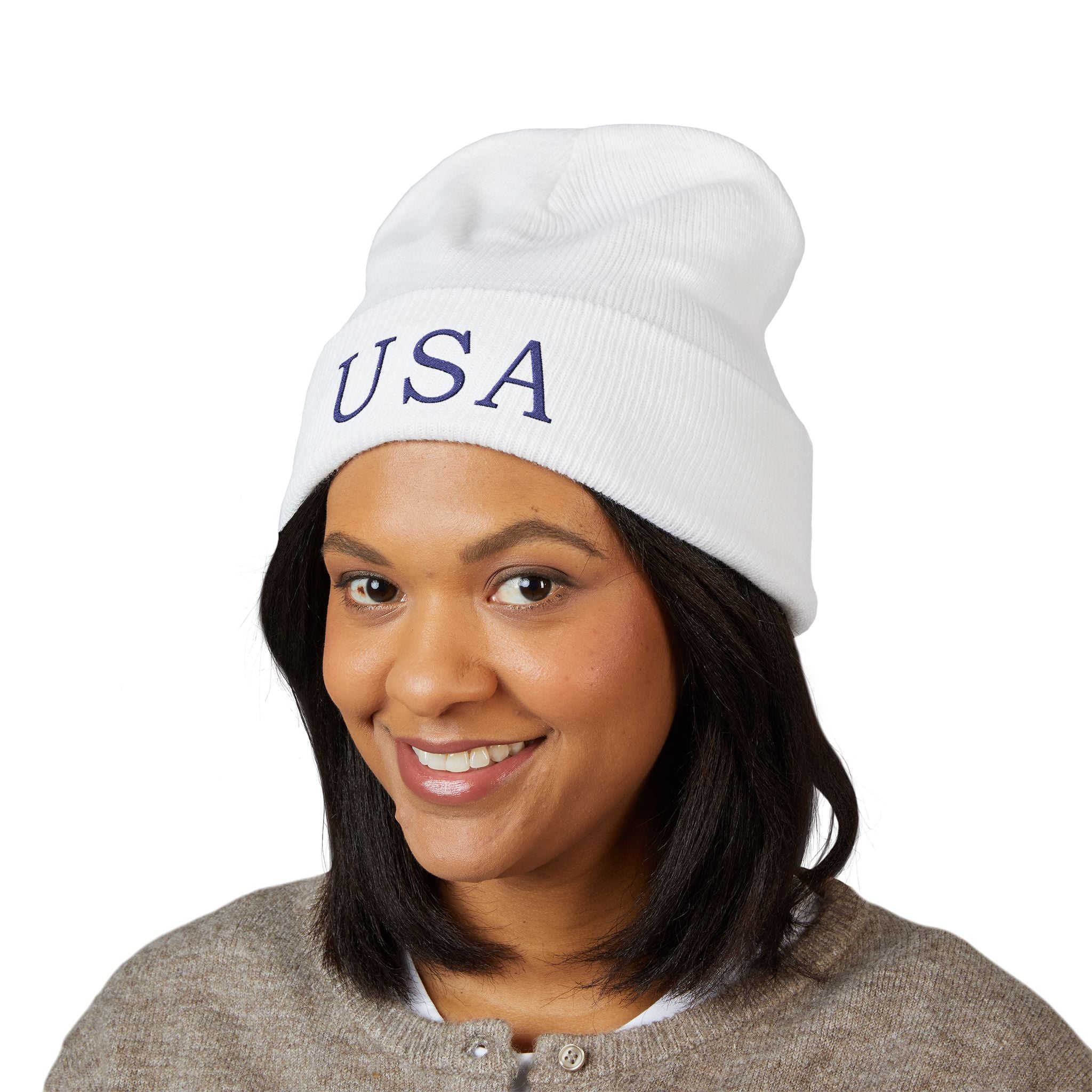 USA Embroidered Light Color Beanie - Classic Cuffed Knit Winter Hat