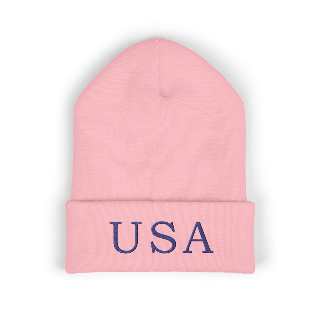 USA Embroidered Light Color Beanie - Classic Cuffed Knit Winter Hat