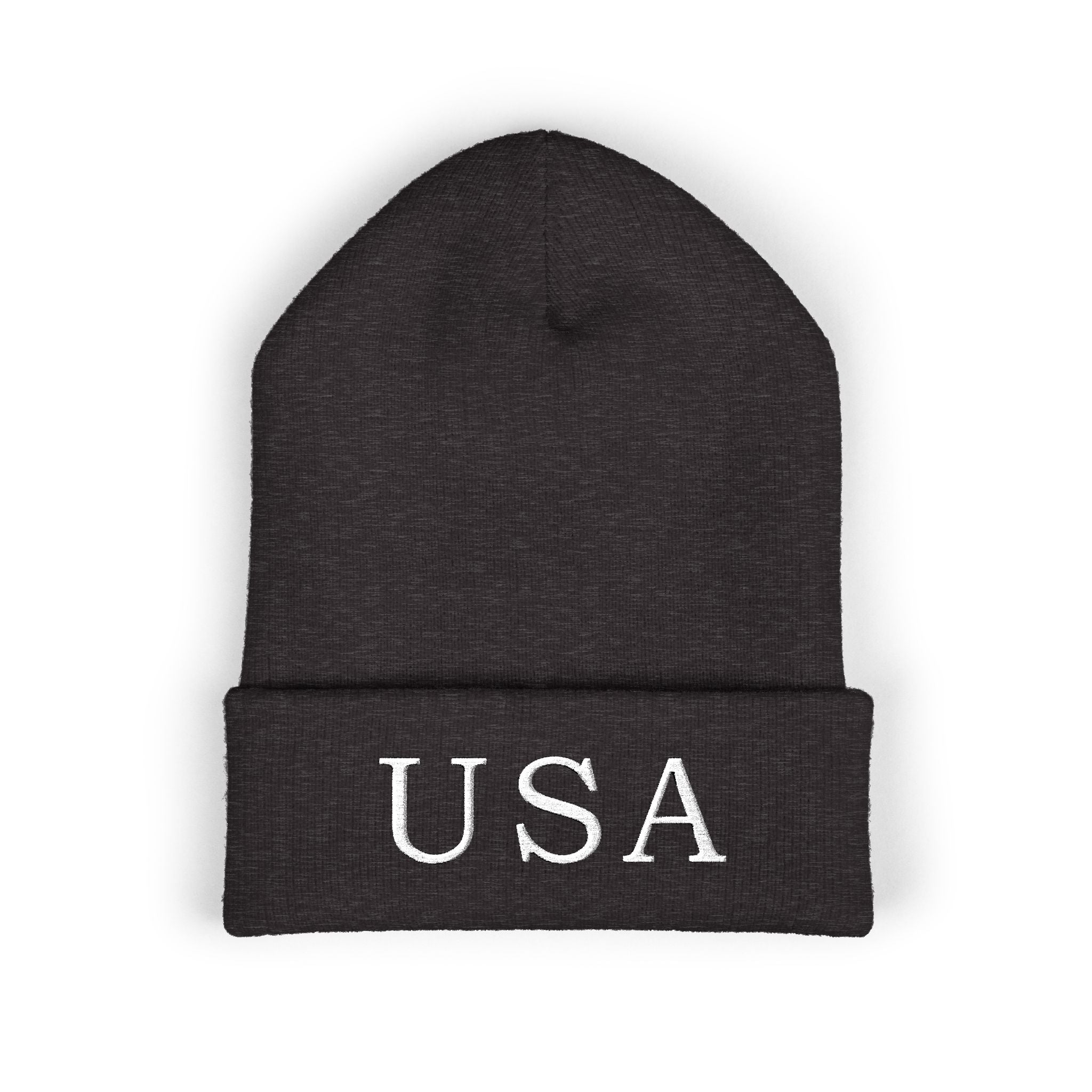 USA Embroidered Dark Color Cuffed Beanie — Patriotic Knit Hat