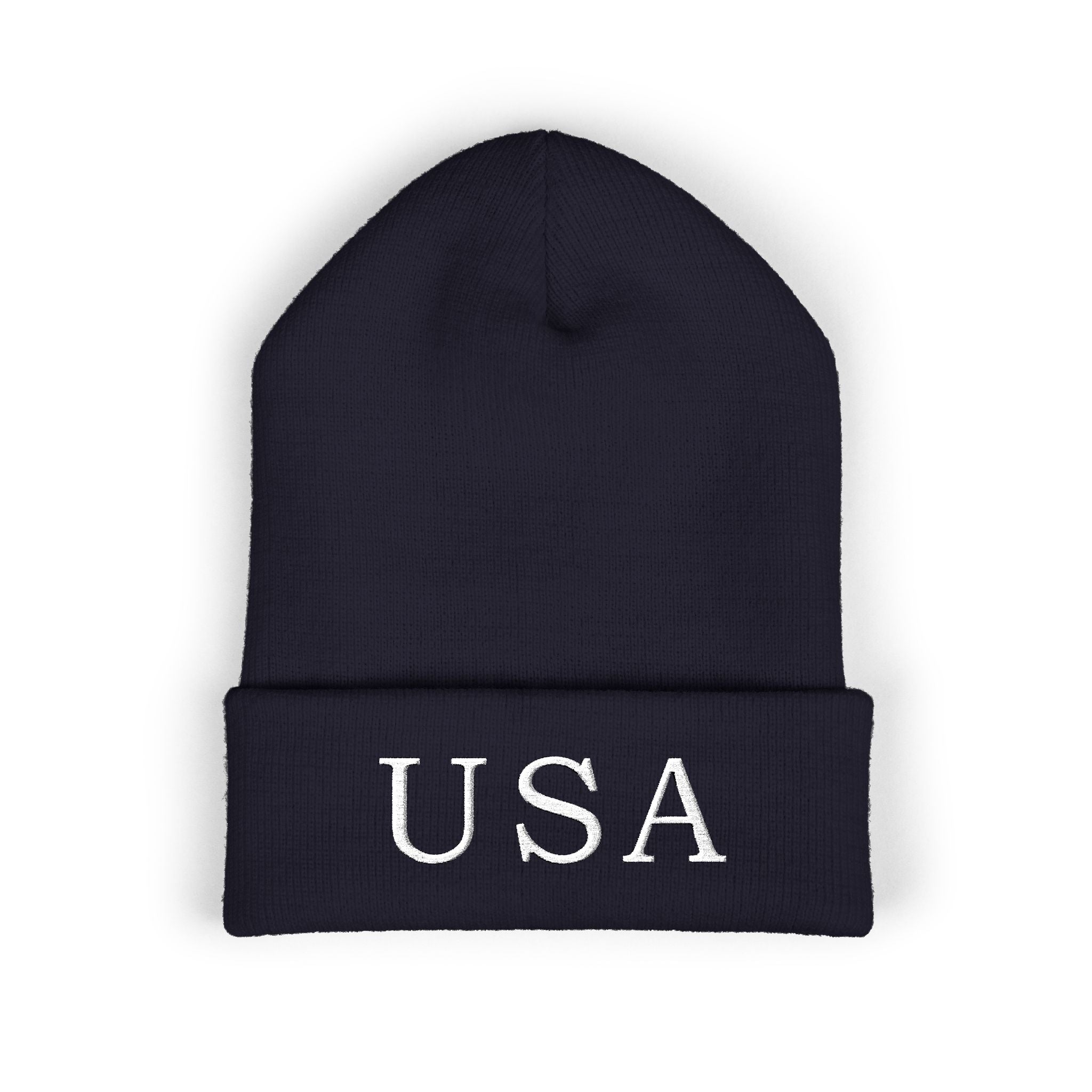 USA Embroidered Dark Color Cuffed Beanie — Patriotic Knit Hat